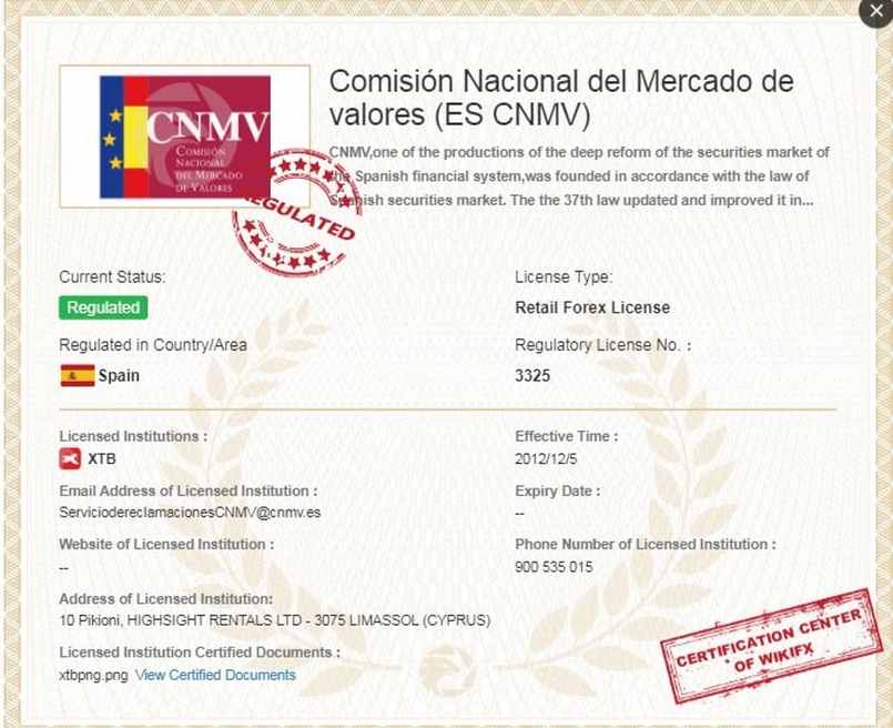 Chứng chỉ CNMV (Tây Ban Nha) cấp cho sàn XTB