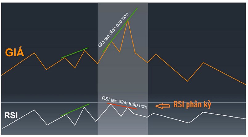 Ví dụ về đường giá và RSI phân kỳ