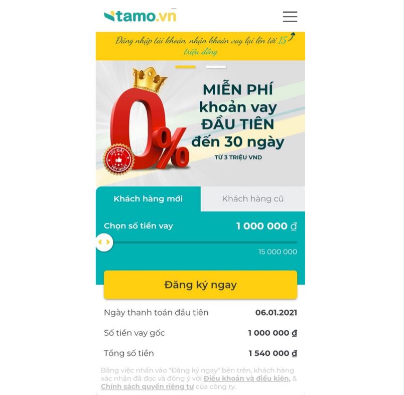 Đăng nhập Tamo.vn và chọn số tiền muốn vay