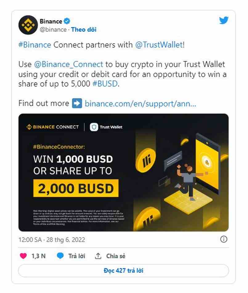 Trust Wallet được tích hợp với Binance Connect