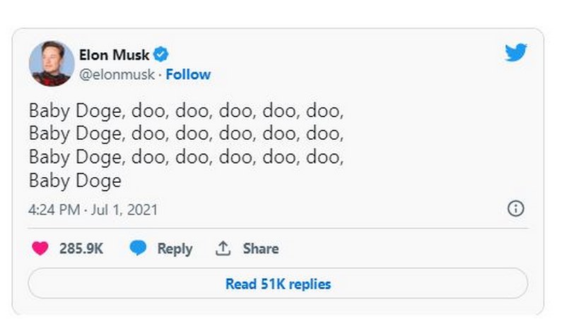 Elon Musk đã tweet về Baby Doge coin